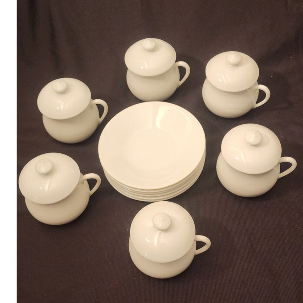 Vintage APILCO Porcelaine A Feu France White Covered Custard Cups Saucers Set 6